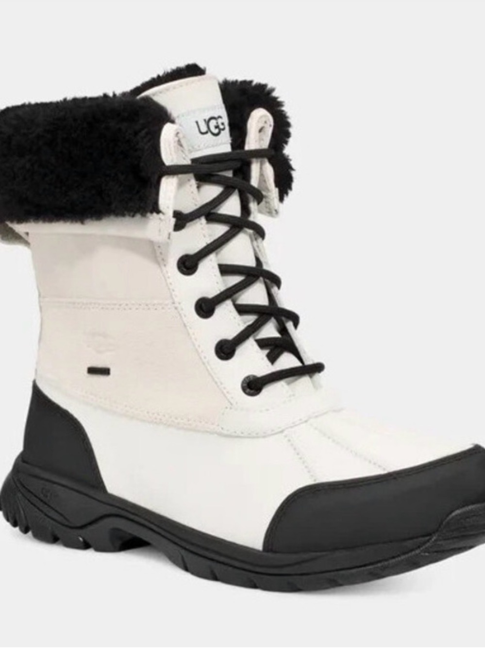 UGG White and Black Lace-Up Waterproof Snow Boot Leather with Shearling Collar